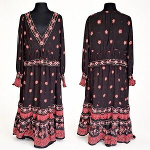 City Chic Boho Maxi Dress Sz XL Dark Floral Chiffon Whimsigoth Long Sleeve